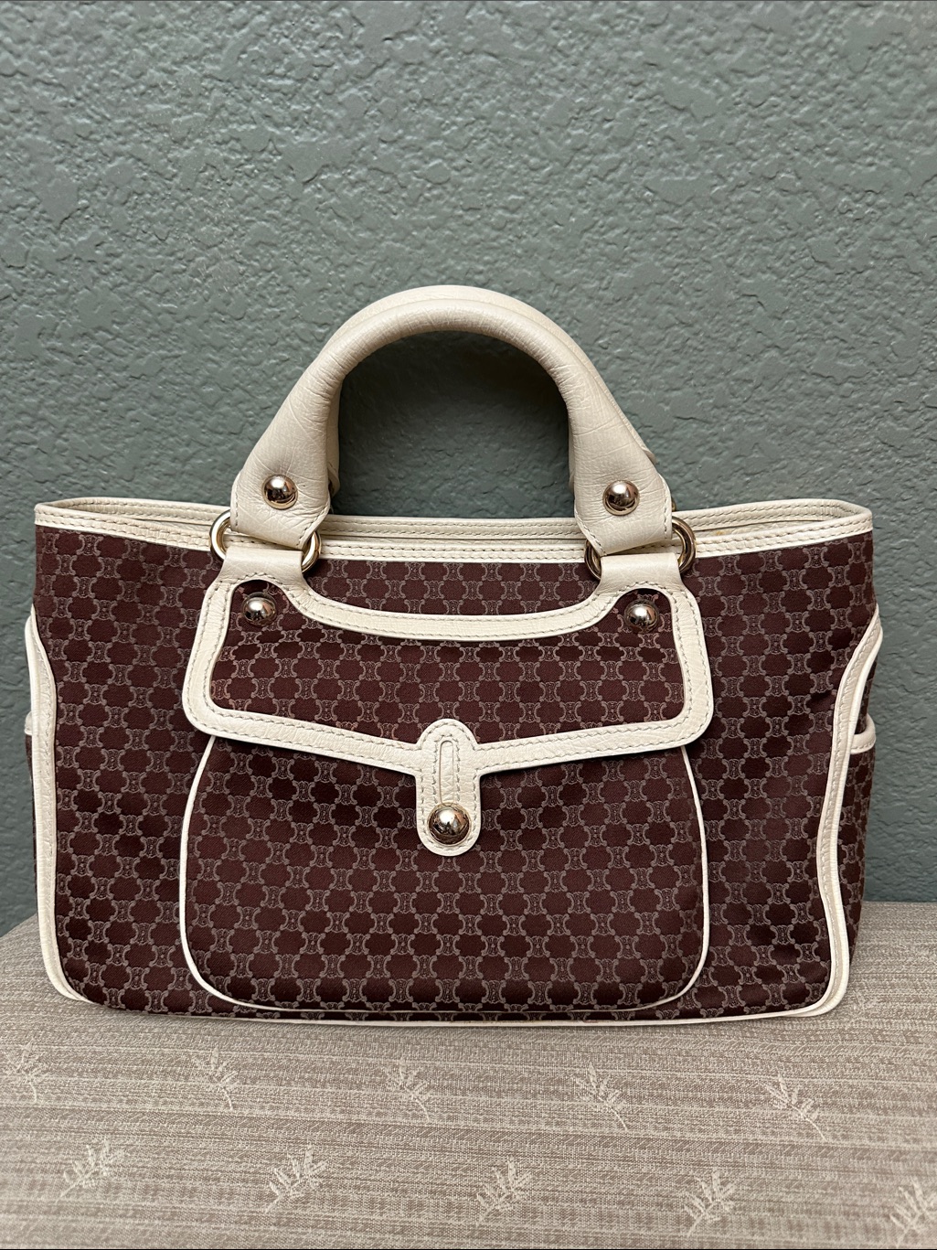 Celine Brown Monogram Satchel With Cream Trim Silver Hardware